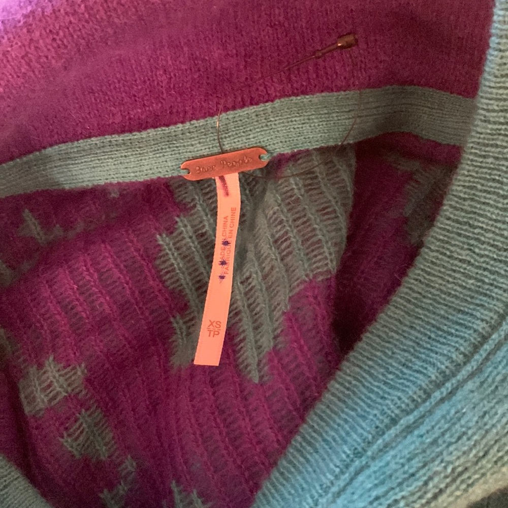 Free People Teal and Purple Floral Hooded Pullover Sweater - Picture 11 of 16